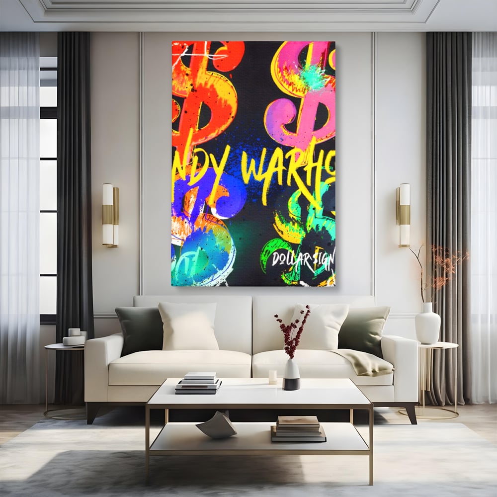 Tablou canvas cu tablou canvas cu simboluri dollar colorate, fara rama, pe sasiu de lemn, pe perete intr-un living